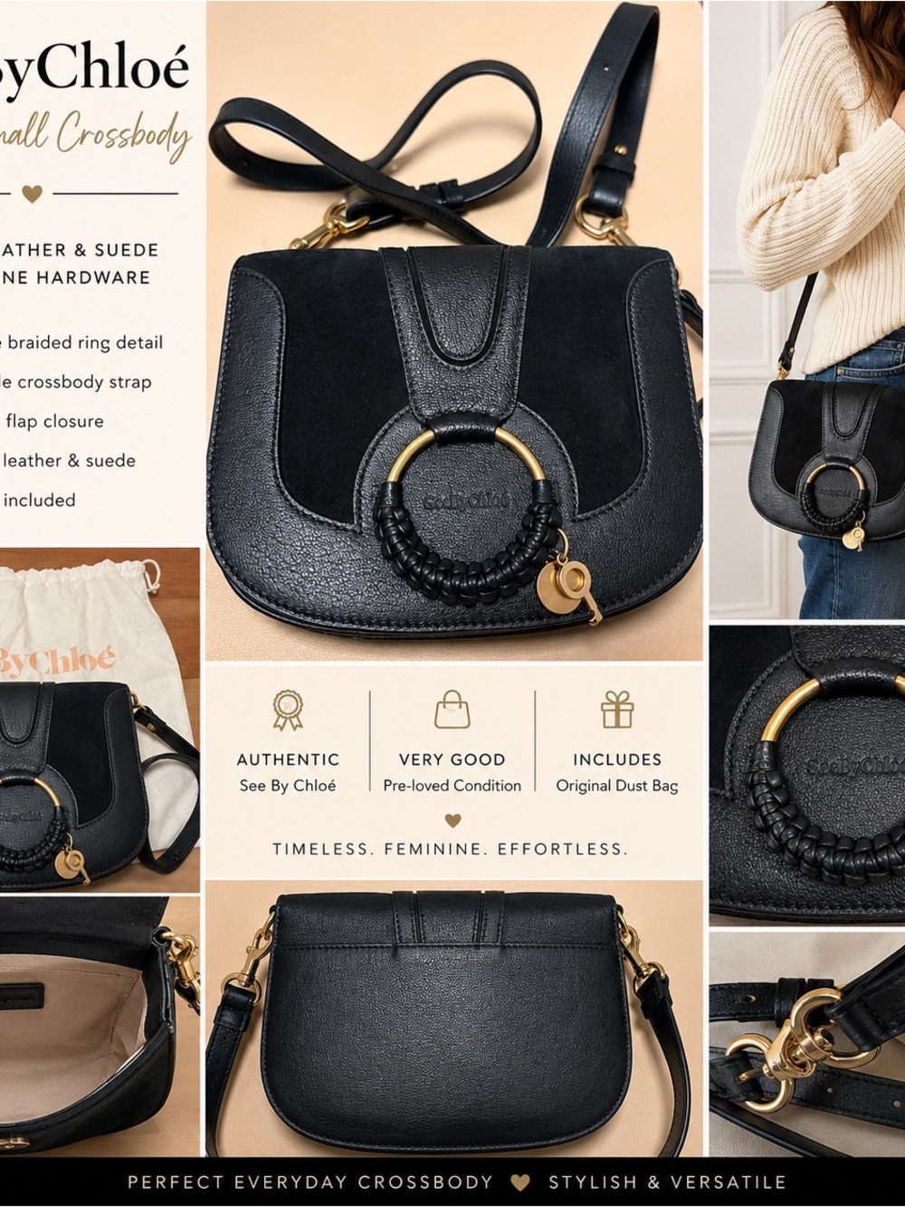 See by Chloé Hana Small Crossbody Bag Black Leather & Suede w/ Dust Bag